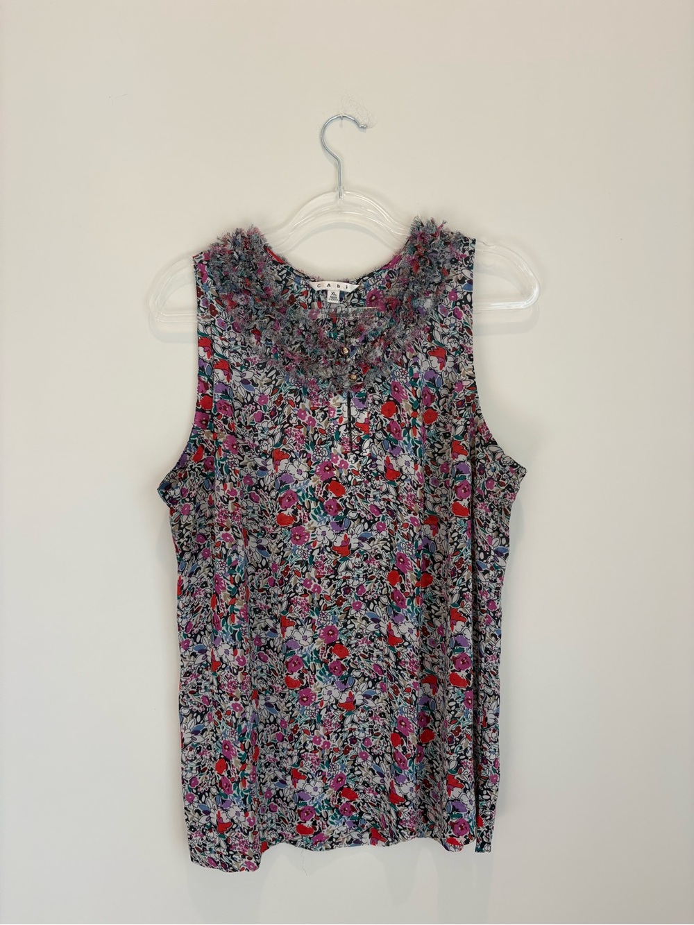 CAbi Floral Ruffled Neck Sleeveless Top in Red, Pink, Purple